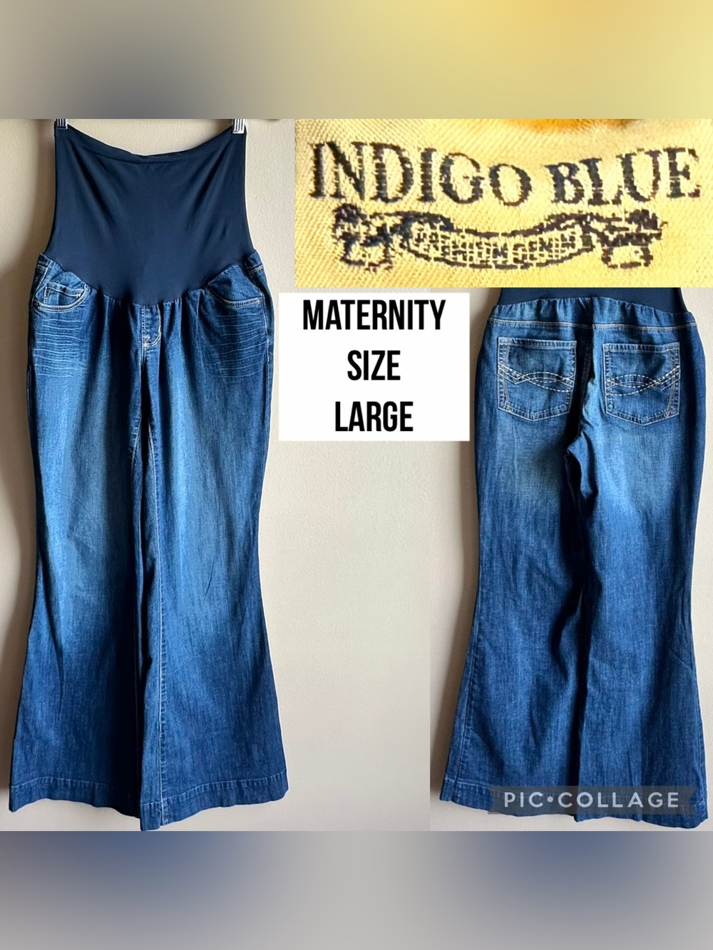 Indigo Blue Womens Jeans Maternity Secret Belly Fit Pull On Flare 33” Inseam L